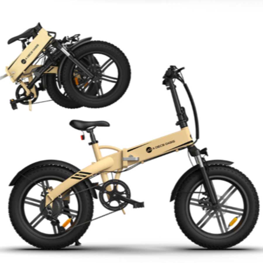 side view of beige ADO foldable e-bike on display at e-motors nz